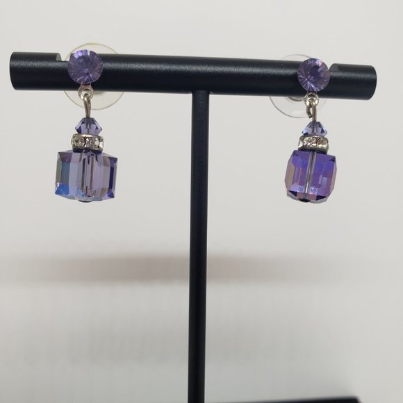 Purple & Clear Cube Dangle/Drop Stud Earrings - Picture 3 of 12